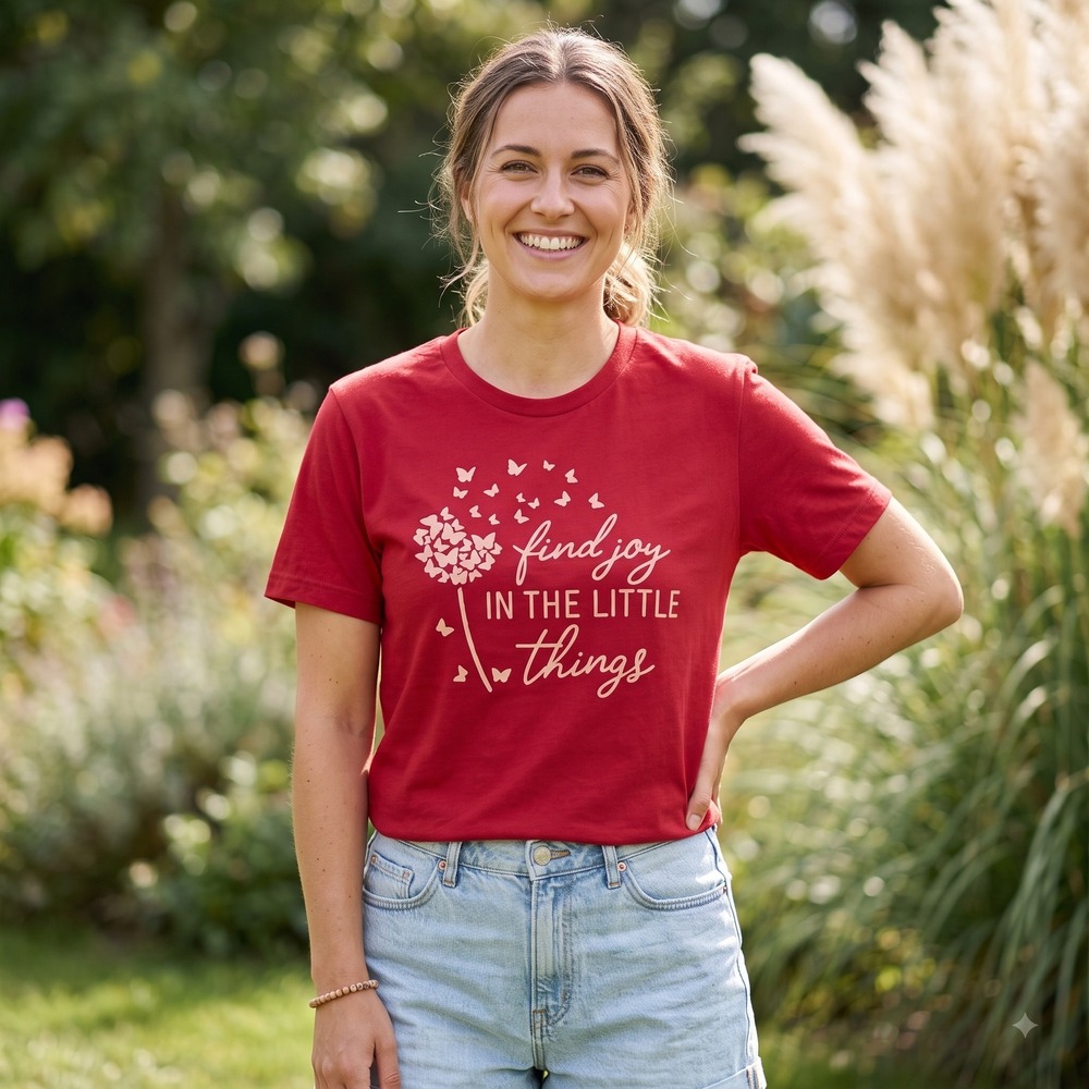 Womens Red Graphic T-Shirt Find Joy In The Little Things Dandelion Butterflies M